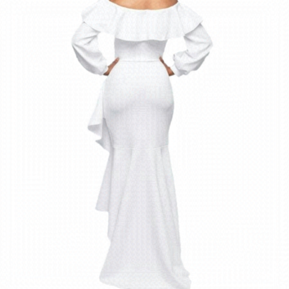 𝅺WHITE Women Off Shoulder Lantern Long Sleeve White Dress